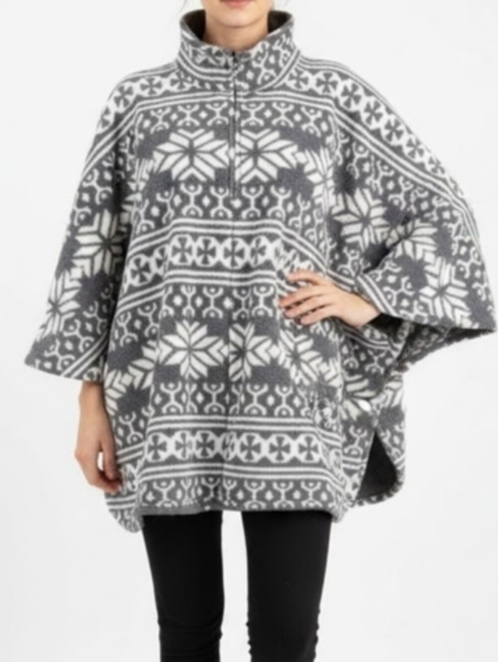 Nordic Fleece Winter Poncho Sweater Womens One Sized Convertible Sleeve Grey